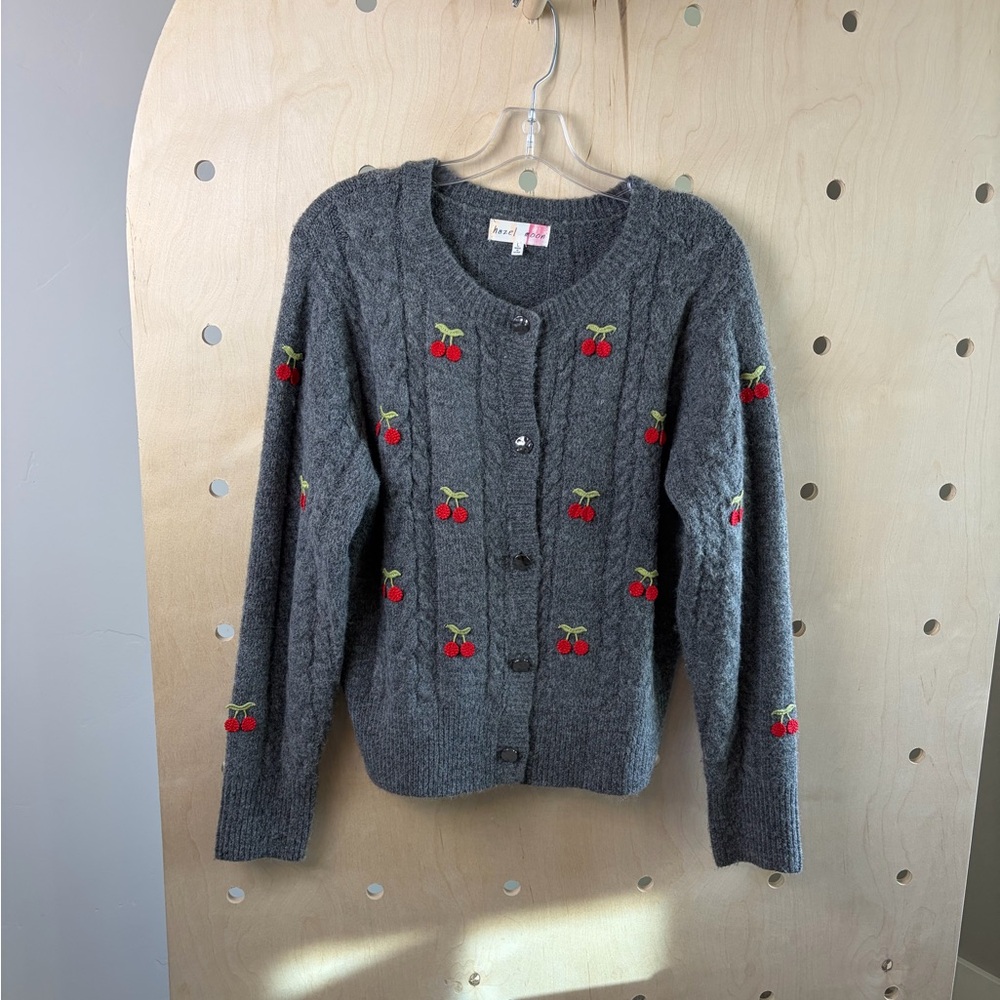 Hazel Moon Button Down Cherry Cable Knit Charcoal… - image 2